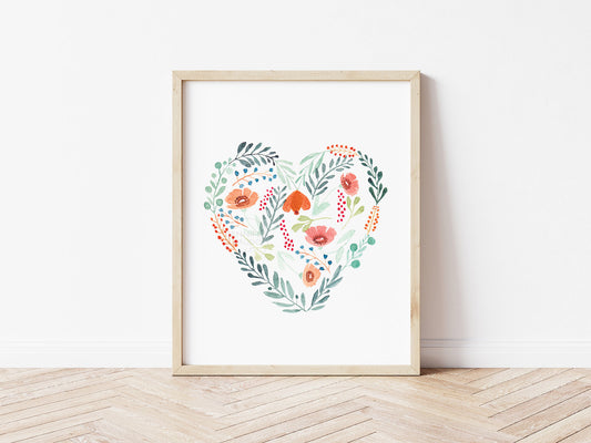 Heart Wall Art, Floral Heart Decor, Hand-painted print