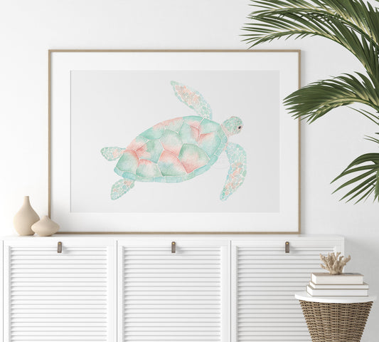 Sea Turtle, Pastel Sea Life, Ocean Inspired Decor, Coastal