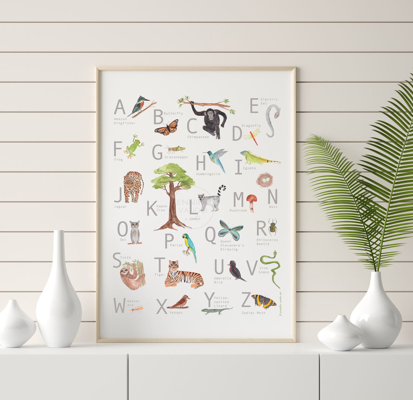 Alphabet Poster, Rainforest Inspired Animals, Gender Neutral, Jungle Watercolor Print