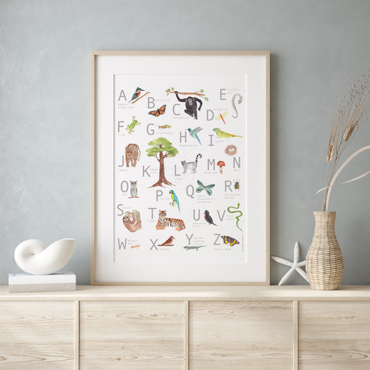 Alphabet Poster, Rainforest Inspired Animals, Gender Neutral, Jungle Watercolor Print