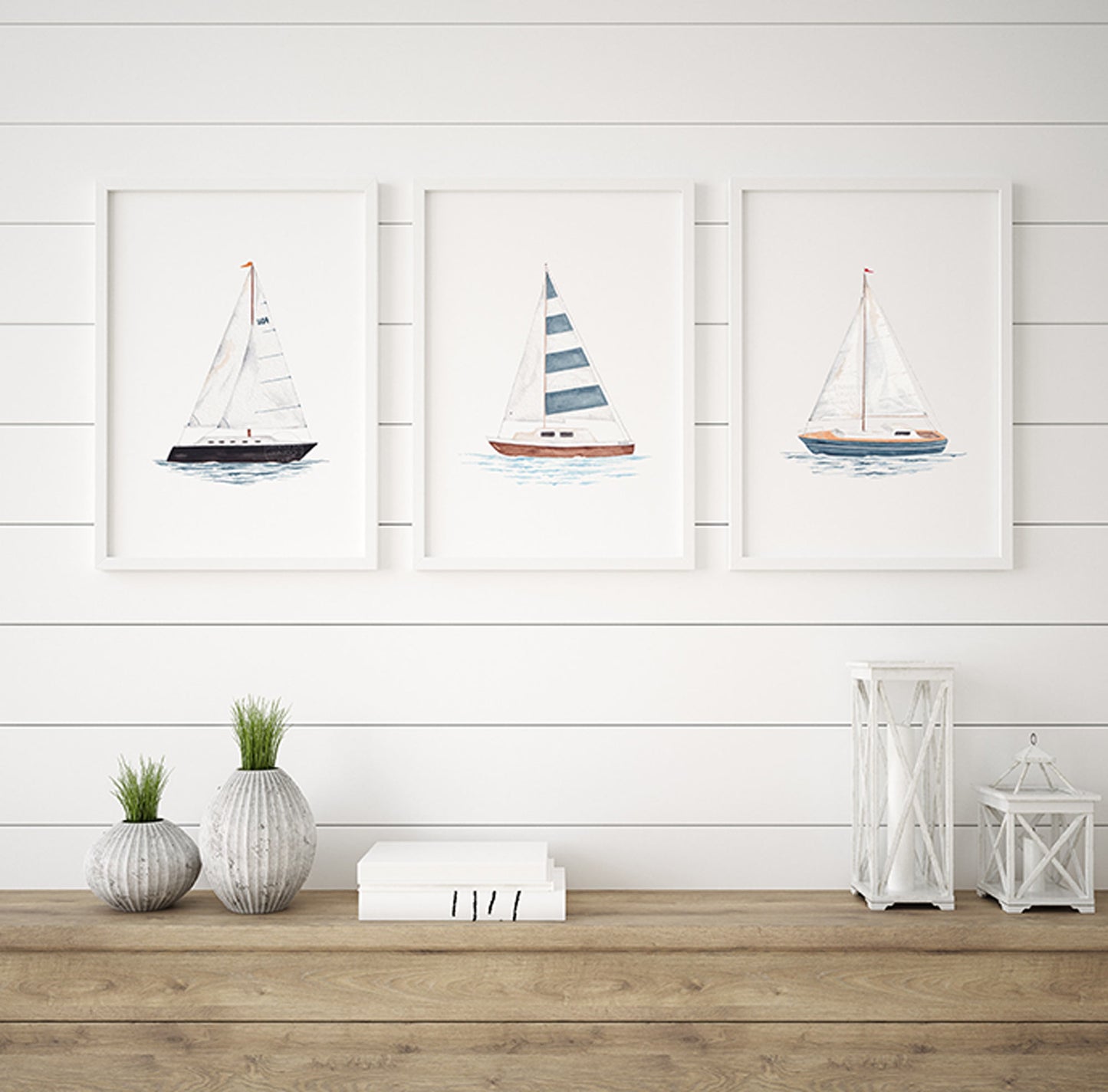 Watercolor Sailboat Print Set of 3 | Nautical Boating Wall Art | Lake House Artwork