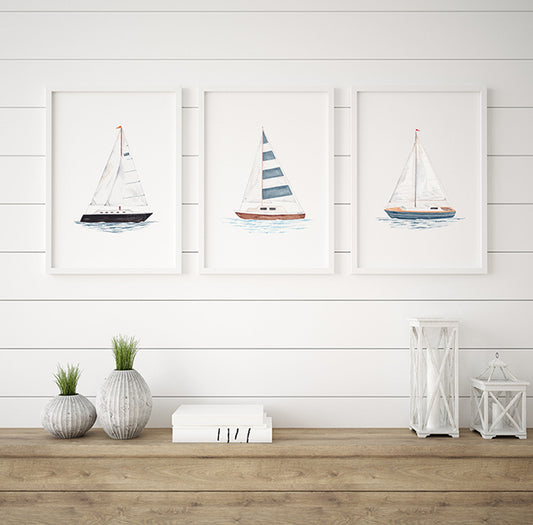 Watercolor Sailboat Print Set of 3 | Nautical Boating Wall Art | Lake House Artwork