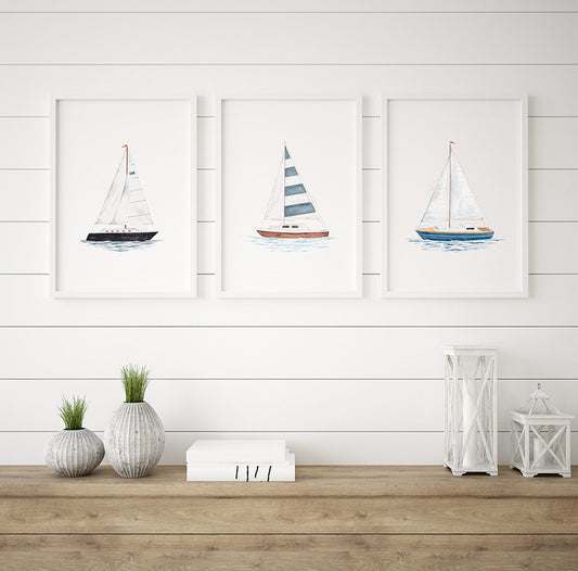 Watercolor Sailboat Print Set of 3 | Nautical Boating Wall Art | Lake House Artwork
