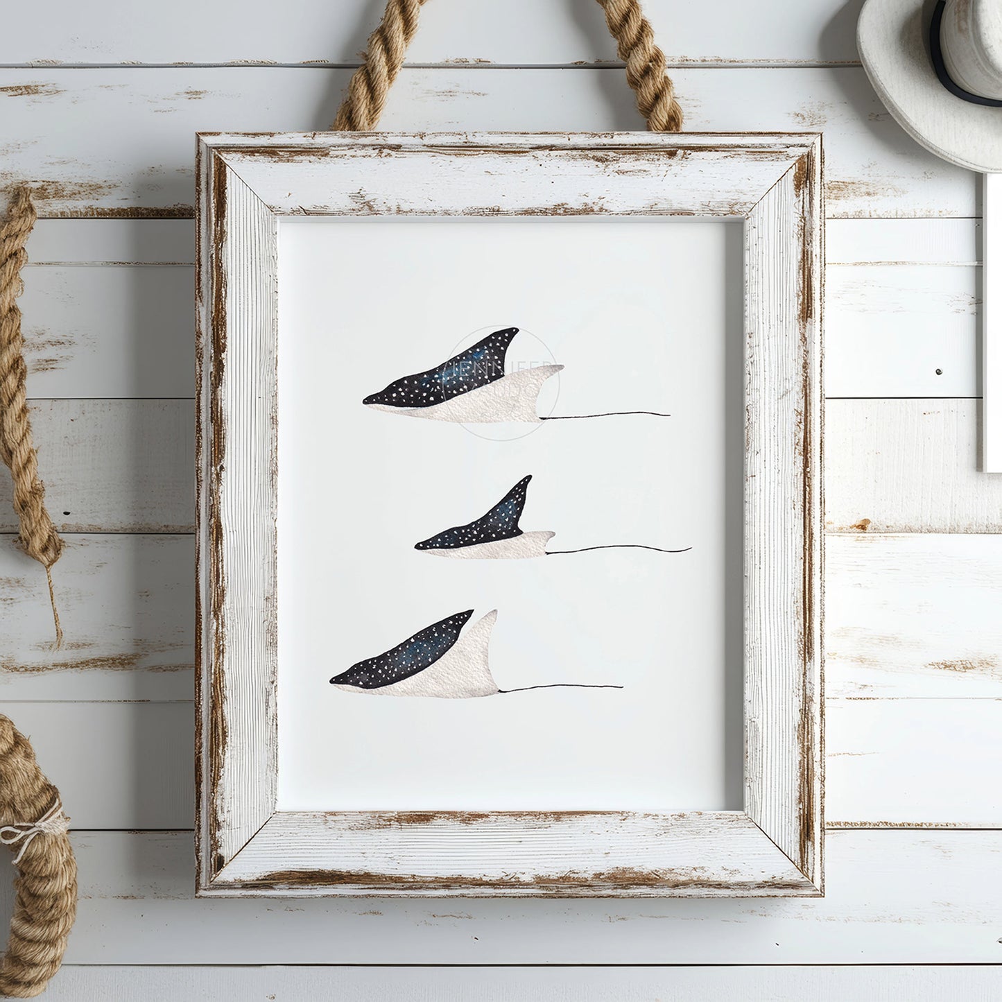 Spotted Eagle Ray Art, Hand-painted Watercolor Print, Coastal Wall Decor, Ocean Inspired