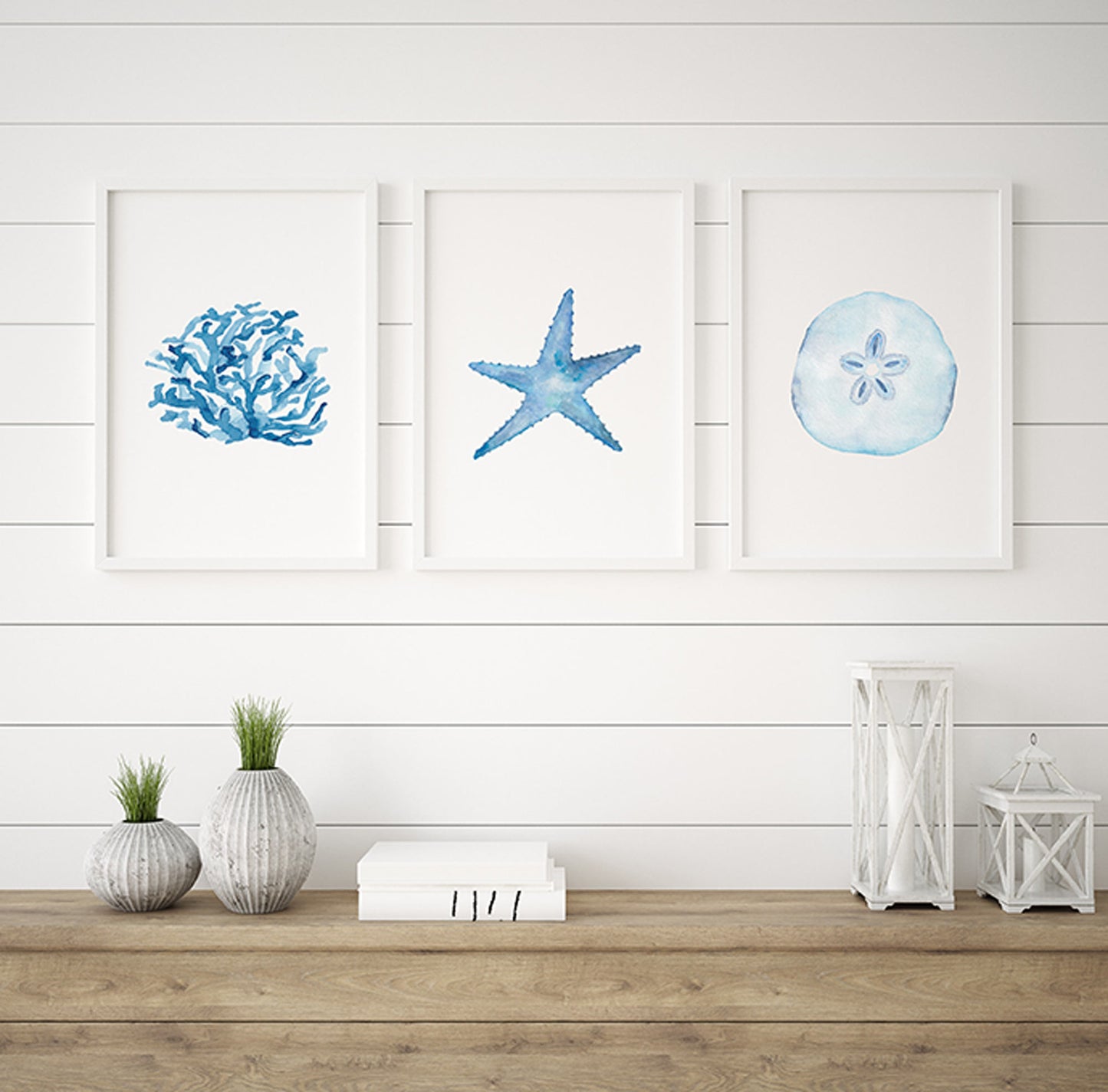 Set of Three Coastal Art Prints, Nautical Watercolor Artwork, Starfish, Shell, Sand Dollar