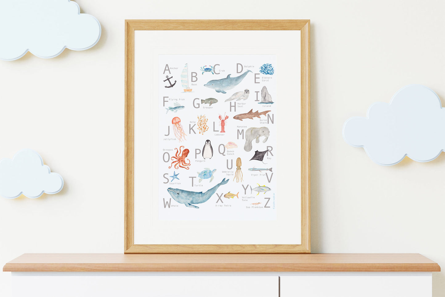 Alphabet Poster, Ocean Inspired Animals, Gender Neutral, Nautical Watercolor Print