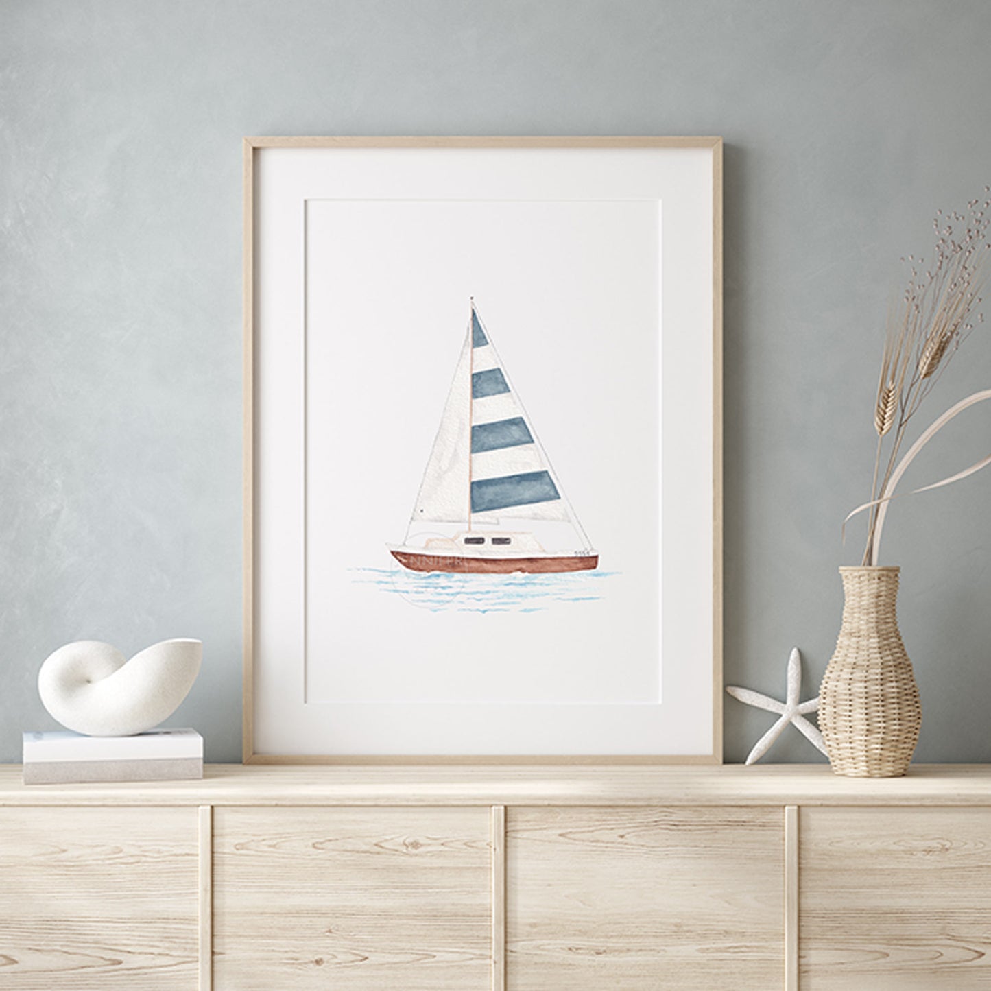 Striped Sailboat Art Print | Coastal Wall Decor | Hand-painted watercolor print | Boating art