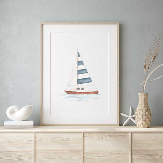 Striped Sailboat Art Print | Coastal Wall Decor | Hand-painted watercolor print | Boating art
