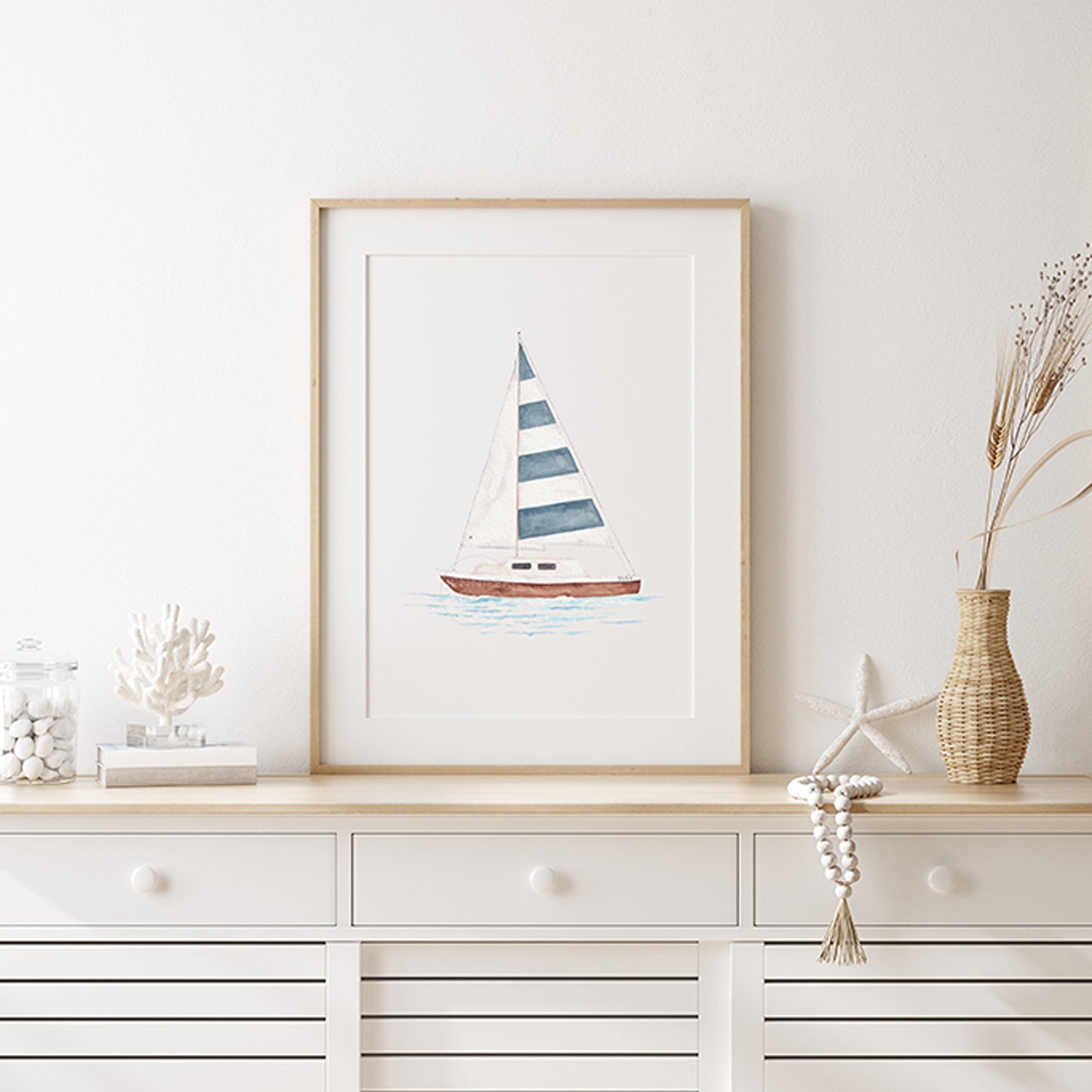 Striped Sailboat Art Print | Coastal Wall Decor | Hand-painted watercolor print | Boating art