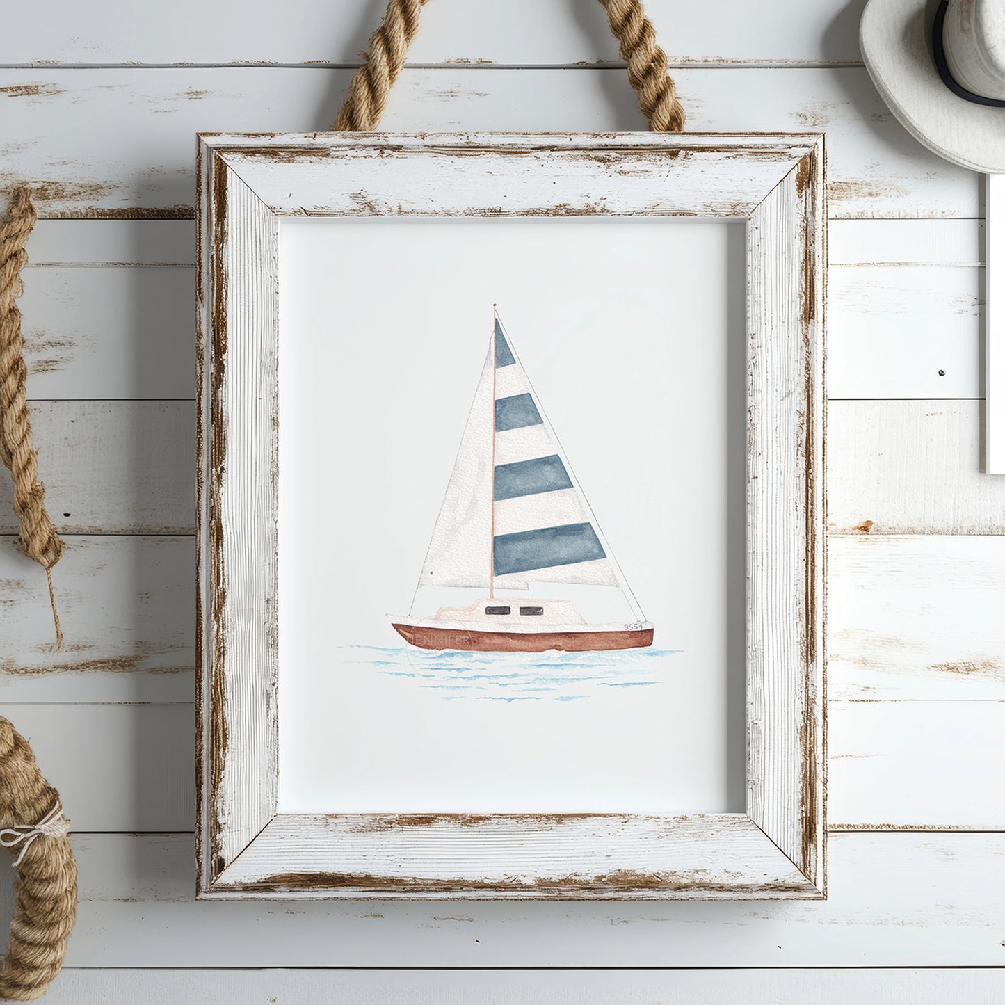 Striped Sailboat Art Print | Coastal Wall Decor | Hand-painted watercolor print | Boating art