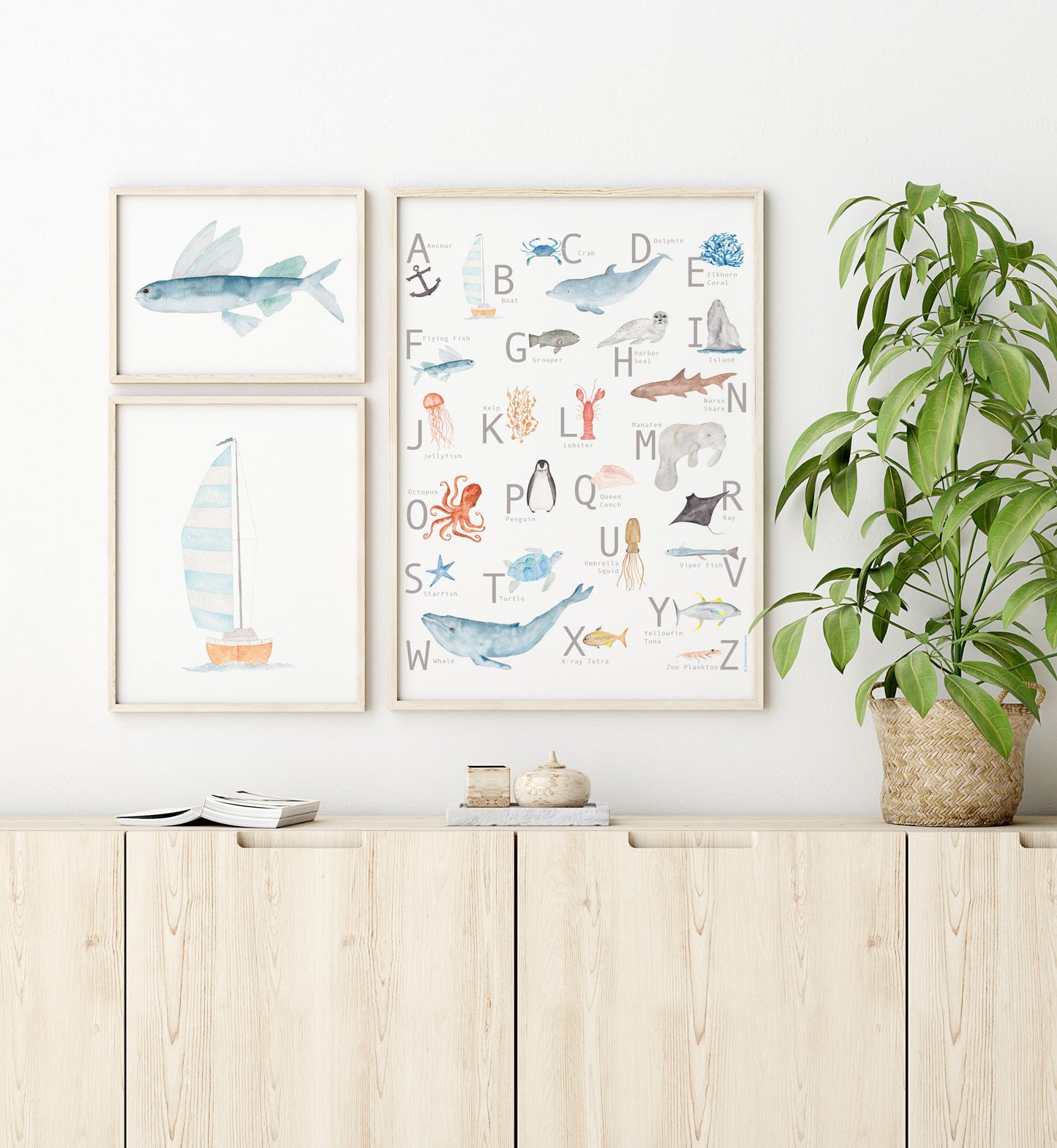Alphabet Poster, Ocean Inspired Animals, Gender Neutral, Nautical Watercolor Print