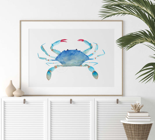 Blue Crab Wall Art, Watercolor Print