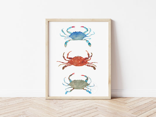 Three Crabs Wall Art, Watercolor Print